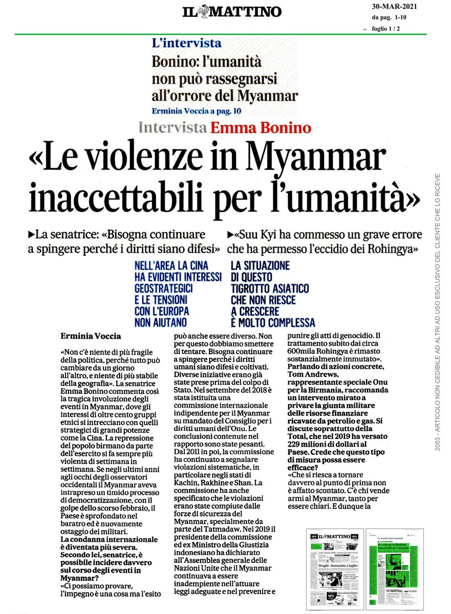 emmabonino's tweet photo. Con il golpe dello scorso febbraio il Myanmar ha interrotto bruscamente il processo di democratizzazione intrapreso. Ma, se la politica è molto fragile, nulla è più stabile della geografia e la situazione birmana rischia di avere riflessi in tutta l'Asia. Intervista a #Ilmattino https://t.co/4dC8yflI4i