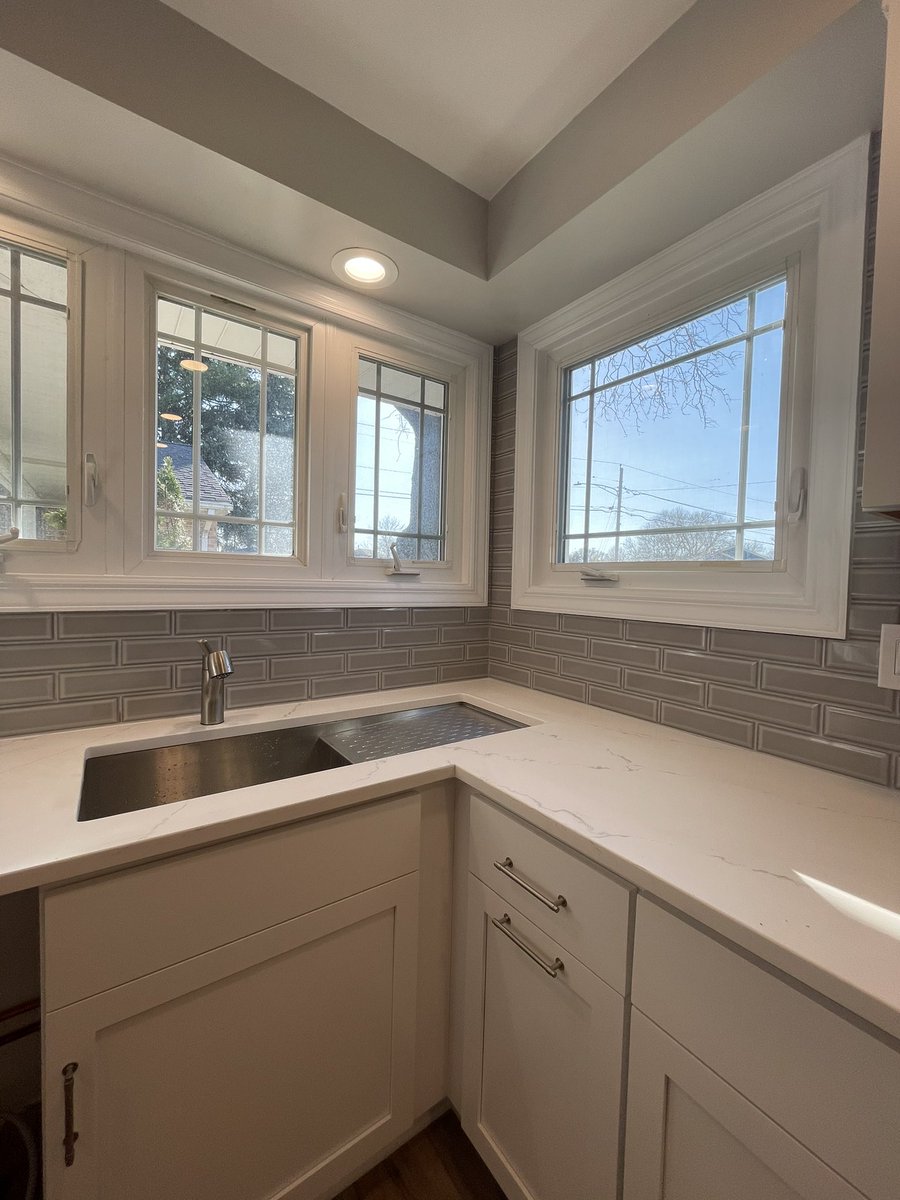 We had a lot of design &amp; budget constraints but worth the challenge for sm #kitchendesign on a budget we still use proline finishes from @benjaminmoore @moeninc @bertch_cabinets @elkay_usa the #craftmanship and #details are never compromised. #cabinet #kitchenremodel #renovation