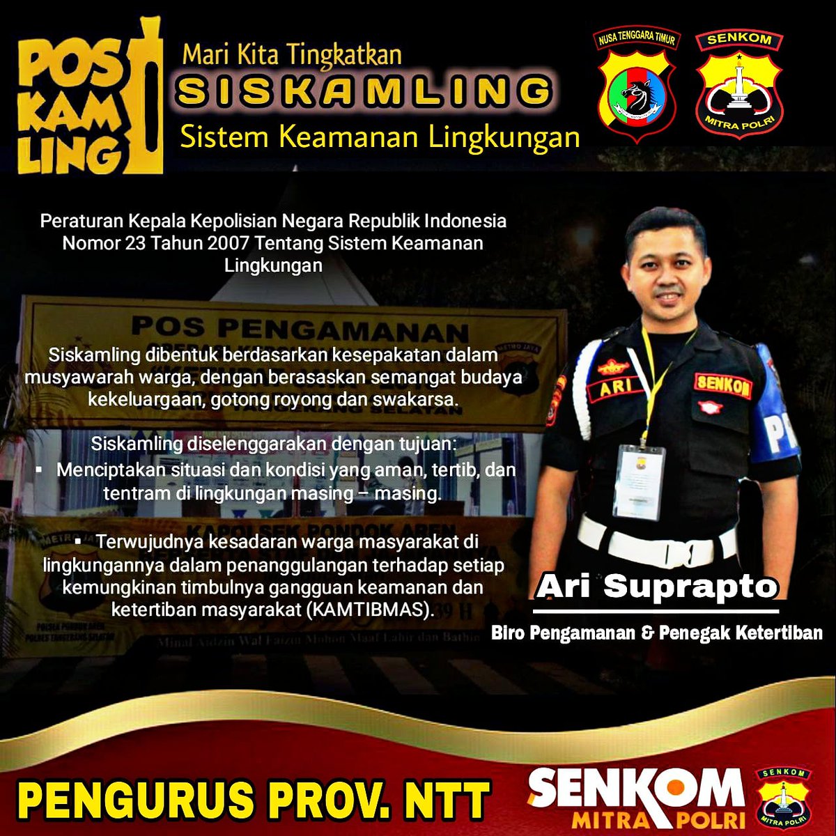 SenkomNTT's tweet photo. Mari Kita Tingkatkan Sistem Keamanan Lingkungan (Siskamling) berdasarkan Peraturan Kepolisian Negara Republik Indonesia No. 23 Tahun 2007 Tentang Sistem Keamanan Lingkungan.
@jokowi
@HadiKatno 
@senkompusat 
@DivHumas_Polri 
@humas_polda_ntt 
@tni_ad 
@_TNIAL_ 
@_TNIAU https://t.co/IJw2XrkcWa