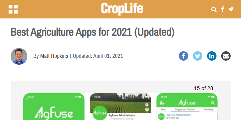 AgFuseNetwork's tweet photo. Thanks to @croplifemag for naming #AgFuse as one of the best #agriculture apps for 2021! https://t.co/WPMZoIoSuN https://t.co/d2BFaAjLes