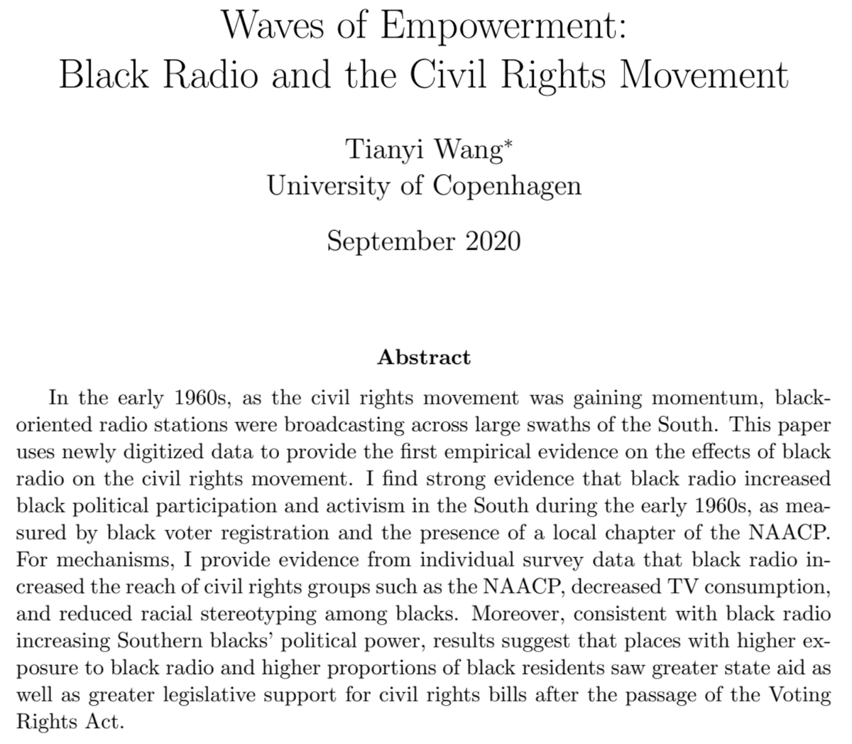 Virtual Economic History Seminar (@historyseminar) on Twitter photo .<a href="/Tianyi91/">Tianyi Wang</a> will be presenting in the in Virtual Economic History Seminar on Monday (April 5).
He will talk about his paper, "Waves of Empowerment:
Black Radio and the Civil Rights Movement" .<a href="/Tianyi91/">Tianyi Wang</a> will be presenting in the in Virtual Economic History Seminar on Monday (April 5).
He will talk about his paper, "Waves of Empowerment:
Black Radio and the Civil Rights Movement"