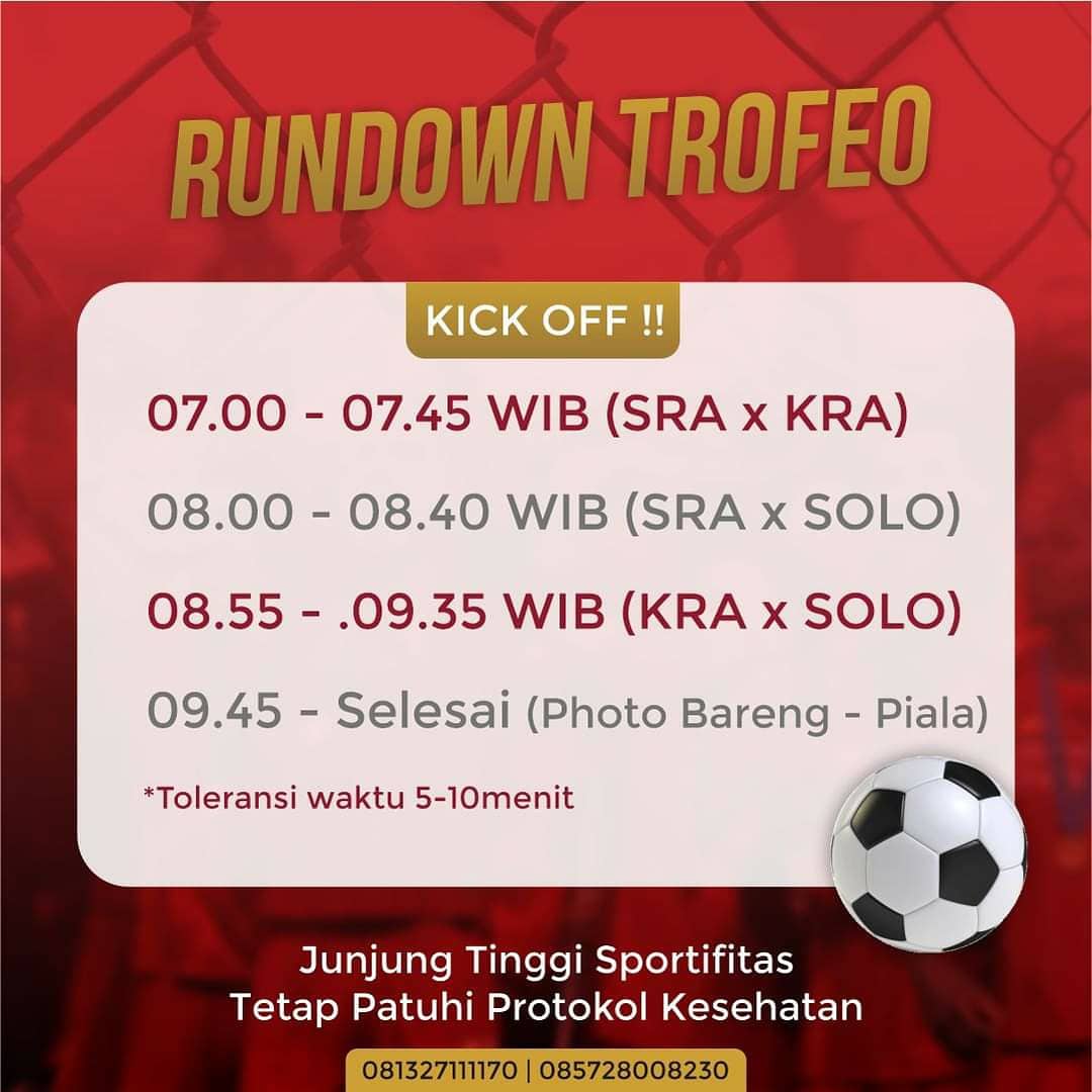TROFEO FOOTBALL

KOPITES SRAGEN x KOPITES KARANGANYAR x BIGREDS SOLO

📆 Minggu, 4 April 2021
🕖 07.00 WIB
⛳ Lapangan depan SMK Bina Taruna Masaran
💰 20k
🥋 *Hitam*