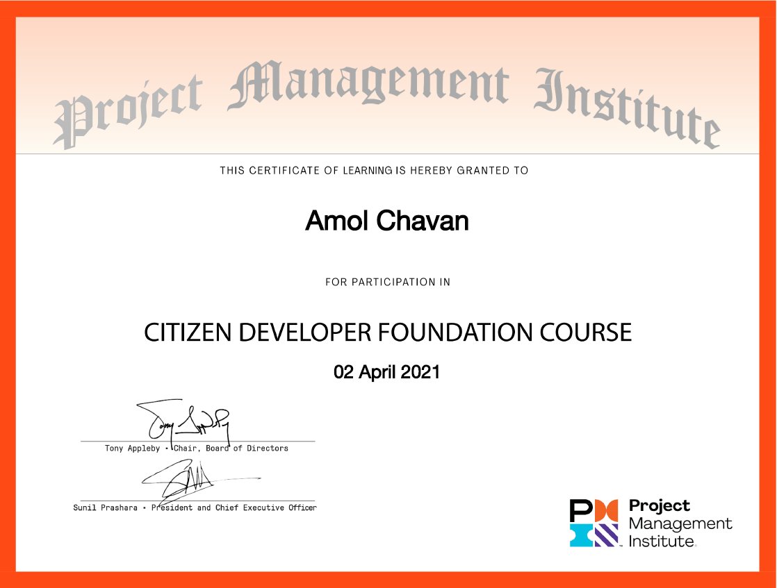 amolchavan777's tweet photo. Just finished the #CitizenDeveloper course. #TechMahindra, #PMICitizenDeveloper #BeFutureReady #PMI https://t.co/gXCPCOMLKc