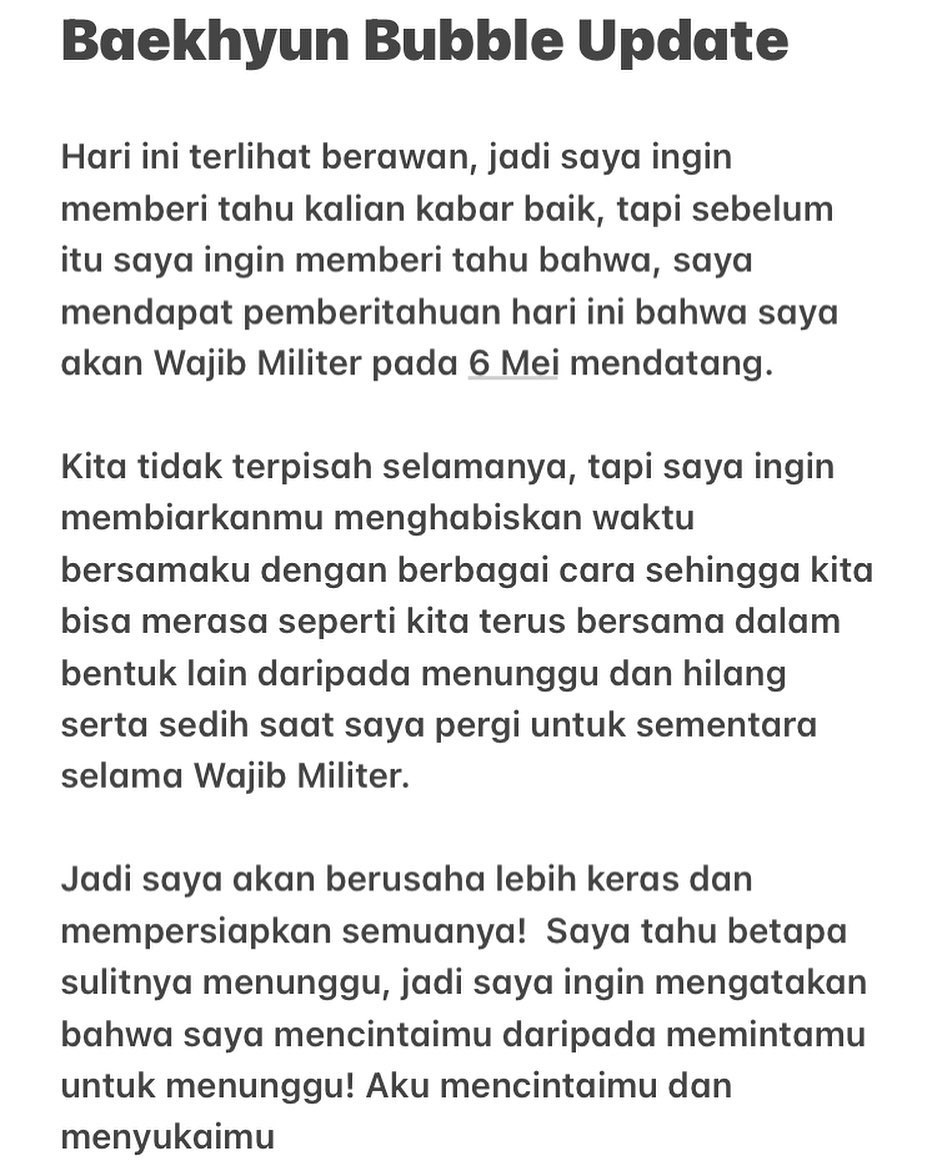 kyuchanvr's tweet photo. "aku tahu betapa sulitnya menunggu, jadi aku ingin mengatakan bahwa aku mencintaimu dari pada memintamu untuk menunggu! Aku mencintaimu aku mencintaimu"- Baekhyun 

Baekhyun bakal jadi petugas layanan publik kaya junmyeon sekitar 21 bulan Baekhyun daftar 6 Mei keluar 5 feb 2023😭 https://t.co/mkAZkCDcYF