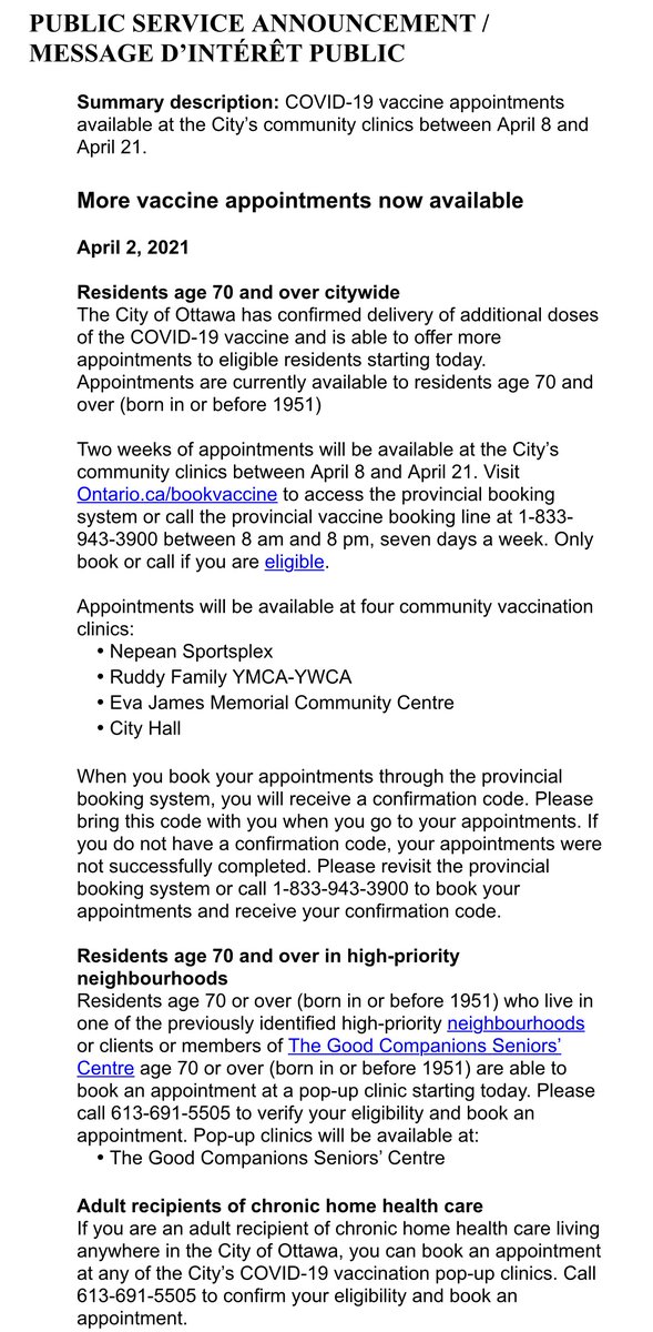 JimWatsonOttawa's tweet photo. VACCINE UPDATE: 
We have received additional vaccine from the Province, as a result, new appointment times are now available on the provincial booking system for Ottawa residents born in or before 1951 (70+). 

Visit https://t.co/C0XeDqHrqL or call 1-833-943-3900.

Details⬇️⬇️⬇️ https://t.co/PjfaasKisV