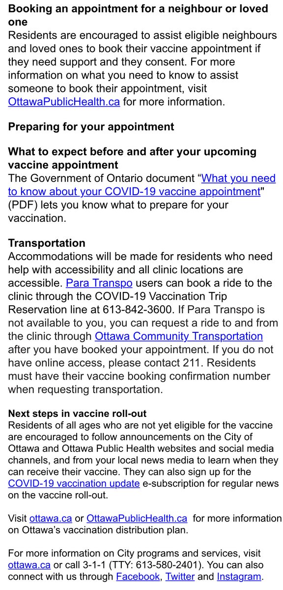 VACCINE UPDATE: 
We have received additional vaccine from the Province, as a result, new appointment times are now available on the provincial booking system for Ottawa residents born in or before 1951 (70+). 

Visit Ontario.ca/bookvaccine or call 1-833-943-3900.

Details⬇️⬇️⬇️
