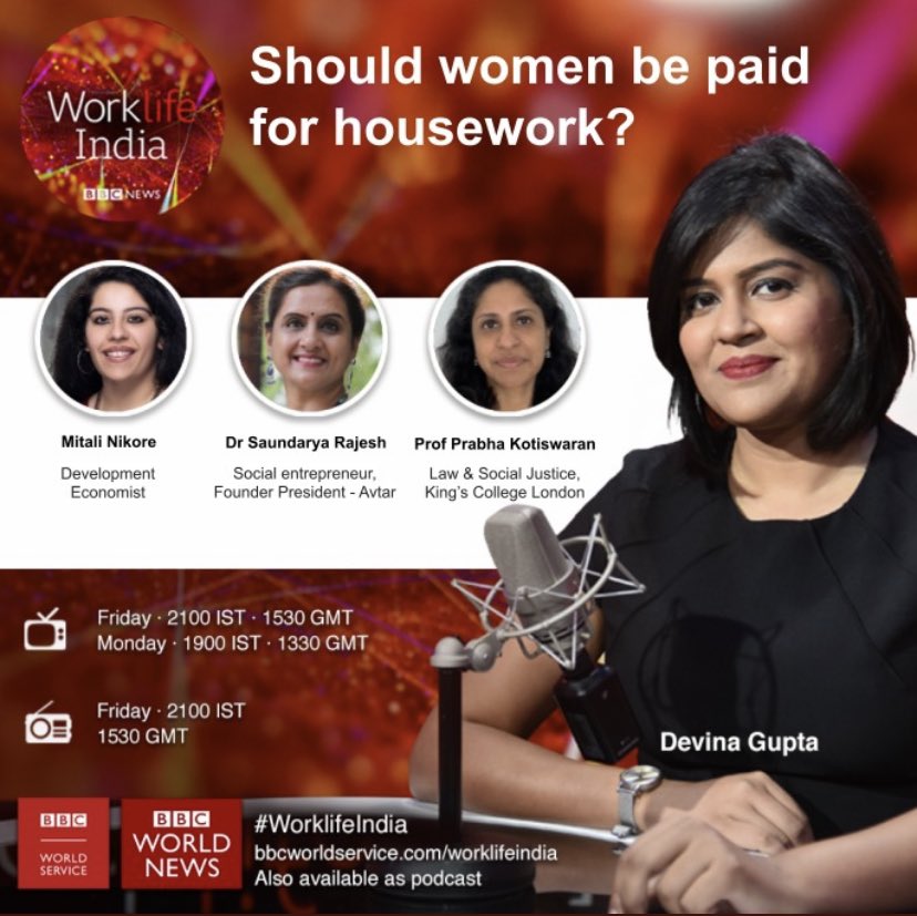 On #Worklifeindia this week women power talking about a radical idea of 80s making its way in Indian politics- Should women be paid for housework? With @SaundaryaR @avtarinc @pkotiswaran @KingsCollegeLon @mitalinikore Tonight on BBC 1530g/9 pm IST