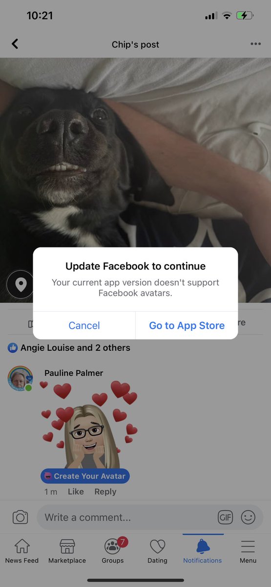 ChipMatthewPalm's tweet photo. @Facebook can you answer me why my app is up to date but STILL can’t make an avatar?! https://t.co/CsUVSlMS3K