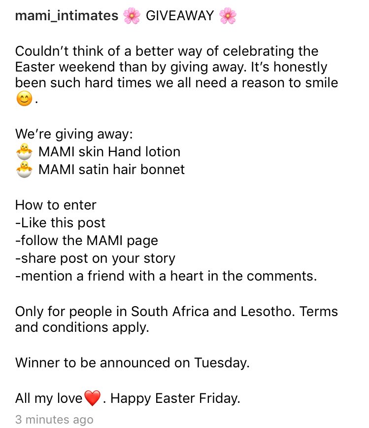 IntimatesMami's tweet photo. Giveaway!!

Follow at https://t.co/jZtCgvPeLT for more updates. 
#ayanda #RHODurban #giveaway #EasterWeekend https://t.co/hvTxl1rHPA