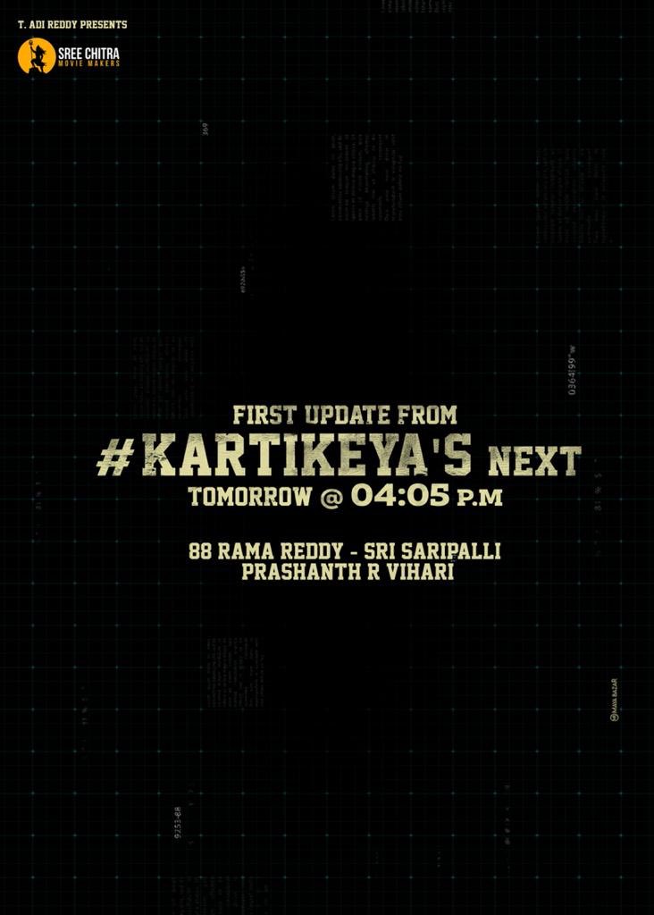88Ramareddy's tweet photo. First Update from Hero @ActorKartikeya's next #KG7 coming tomorrow @ 4:05 PM ⚡️

Stay Tuned to https://t.co/XPtEg15TCq

A @SriSaripalli_  directorial debut🔥

#KartikeyasNext @actortanya #88Ramareddy @SCMMOffl @prashanthvihari https://t.co/rNtOQ2VX17