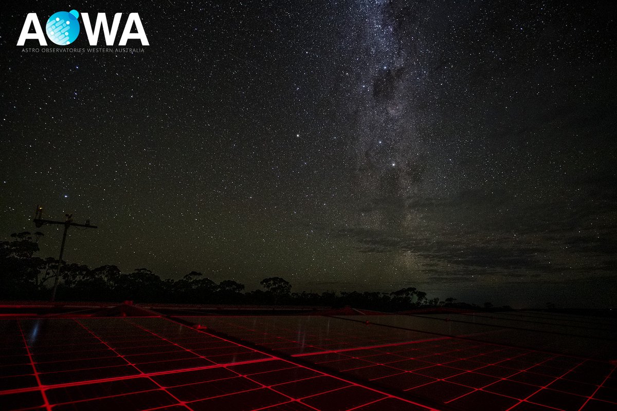 AstroObsWA's tweet photo. AOWA has gone solar! PVC system installed to cover the site's daytime power usage plus some. Looks awesome under the stars too :) #remoteastronomy #astrophotography #centralwheatbelt https://t.co/v8h85eIMN6