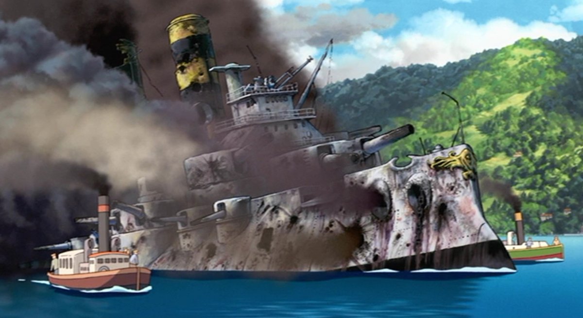 ジブリのせかい 非公式ファンサイト على تويتر 戦闘で大破した軍艦が入港してきました 原作小説では こういった戦争は描かれていません 映画のオリジナルです 宮崎駿監督は ハウルとソフィーの戦火の恋を描こうと思ったそうです ハウルの動く城