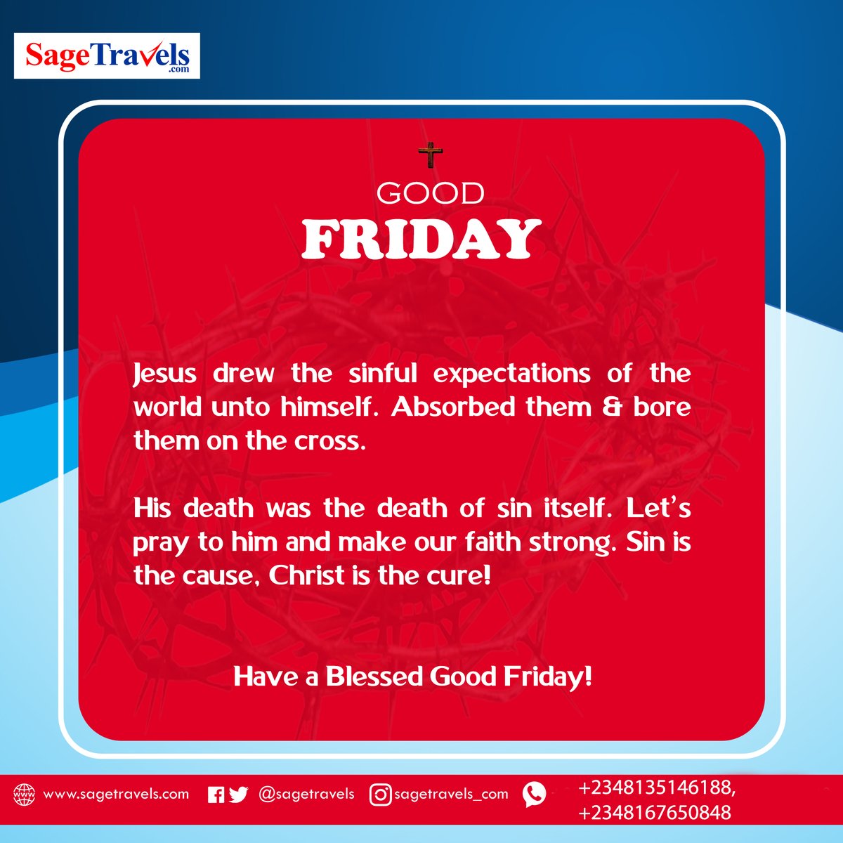 sagetravels's tweet photo. Sin is the cause, Christ is the cure!
Have a Blessed Good Friday!
#GoodFriday #HolyWeek #Mercy #Sagetravels Easter https://t.co/Ow0CNXszWo
