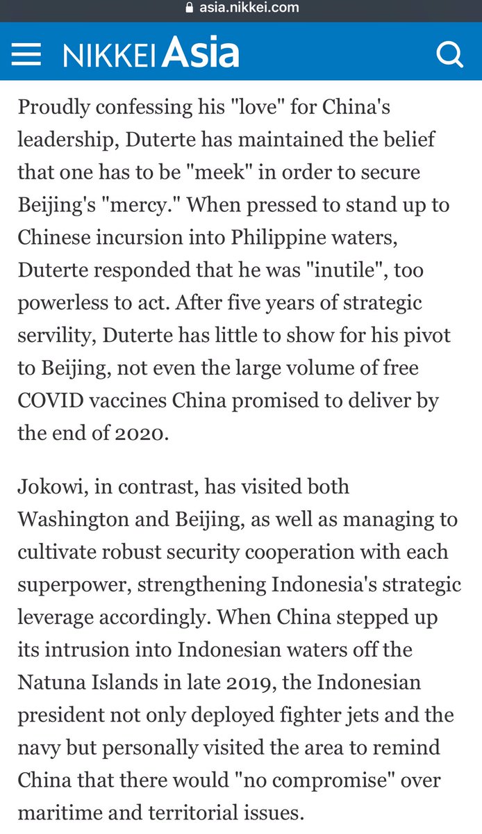 So ginawang uto-uto ng China si Duterte. Sinayang ng muntanga ang panalo natin sa  #WestPhilippineSea in exchange for empty infra pledges sa mindanao.  #DuterteTraydor na  #DuterteTANGA pa. NAKAKASUKA!  #DutertePalpak  https://twitter.com/NikkeiAsia/status/1376462130740924417