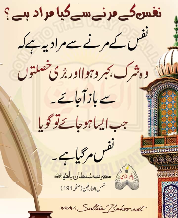 نفس کے مرنے سے کیا مراد ہے؟
نفس کے مرنے سے مراد یہ ہے کہ
وہ شرک، کبر و ہوا اور 
بری خصلتوں سے باز آ جائے
تو گویا نفس مر گیا ہے۔

شمس العارفین، ص: 191، حضرت سلطان باہو (رحمۃ اللہ تعالیٰ علیہ)
alfaqr.net
sultanbahoo.net
#SayingsOfSultanBahoo 
<a href="/Shms_ul_Arifeen/">شمس العارفین</a>