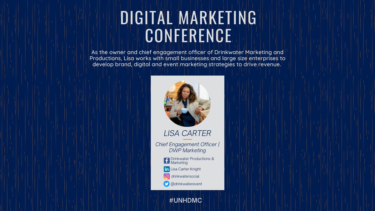 UNH_ProfDev's tweet photo. Prior to launching Drinkwater, @drinkwaterevent spent 20+ years in the corporate sector building product and brand strategies for top fortune 500 companies. Listen to her speak at our virtual 2021 Digital Marketing Conference!
☆
☆
☆
https://t.co/hNQEkj5bRp
#UNHPDT #UNHDMC https://t.co/MN1mvX7Bg8