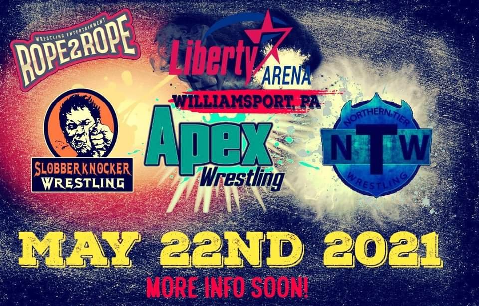 Born to Wrestle returns to Williamsport May 22nd! Rumor has it there is a trampoline park next door. #prowrestling #indywrestling #borntowrestle #rope2rope #libertyarena #williamsport #tagteam #event #tickets