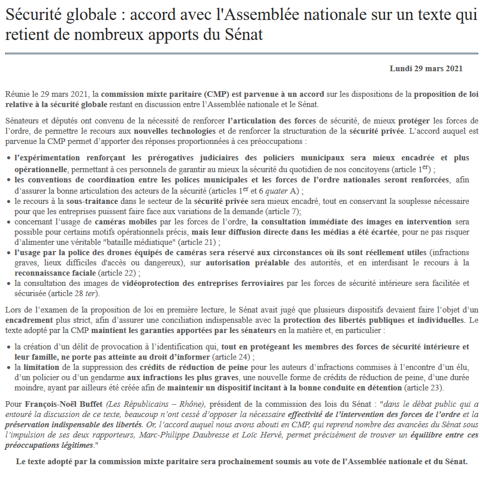 Senat's tweet image. 🔎 #PPLSécuritéGlobale : de nombreux apports du #Sénat resteront dans le texte définitif, après l'accord entre députés et sénateurs le 29 mars dernier.

Le détail dans le communiqué de presse : 
📑 sén.at/gNjqXW