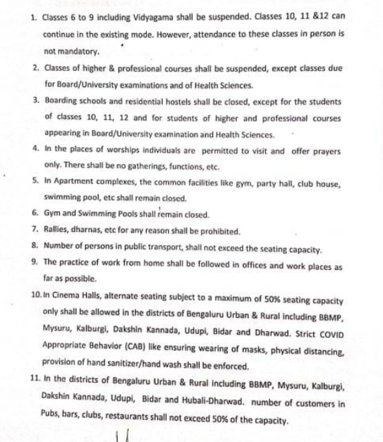 ANI's tweet photo. Karnataka Govt issues new #COVID19 guidelines- Classes 6-9 to be suspended, gyms, swimming pools to remain closed, rallies, dharnas prohibited, maximum 50% seating capacity in cinema halls, no gatherings allowed at places of worship https://t.co/h2ZCbi02fH