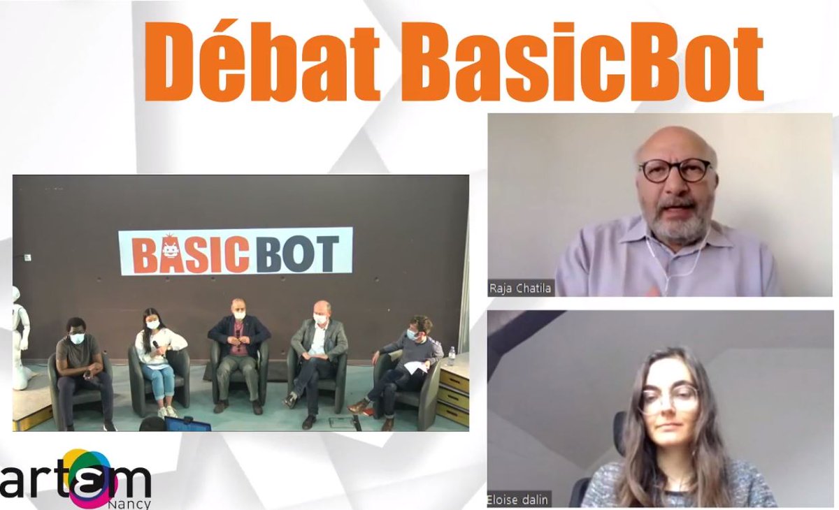 Inria_Nancy's tweet photo. ⏯️ Rejoignez l'événement #BasicBot ! Une pièce de théâtre &amp; un débat sur les 🤖 
💬 Un format #live original proposé par les étudiants de @MinesNancy @ICNbs avec @DalinEloise, Nazim Fatès, Patrick Hénaff, Alain Dutech &amp; Raja Chatila @Inria @labo_Loria @Sorbonne_Univ_ https://t.co/0Yv10fuUjm