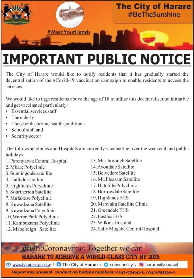 Here’s some information for getting vaccinated against Covid-19 in Harare 
#Covid19 #FightCovidZim