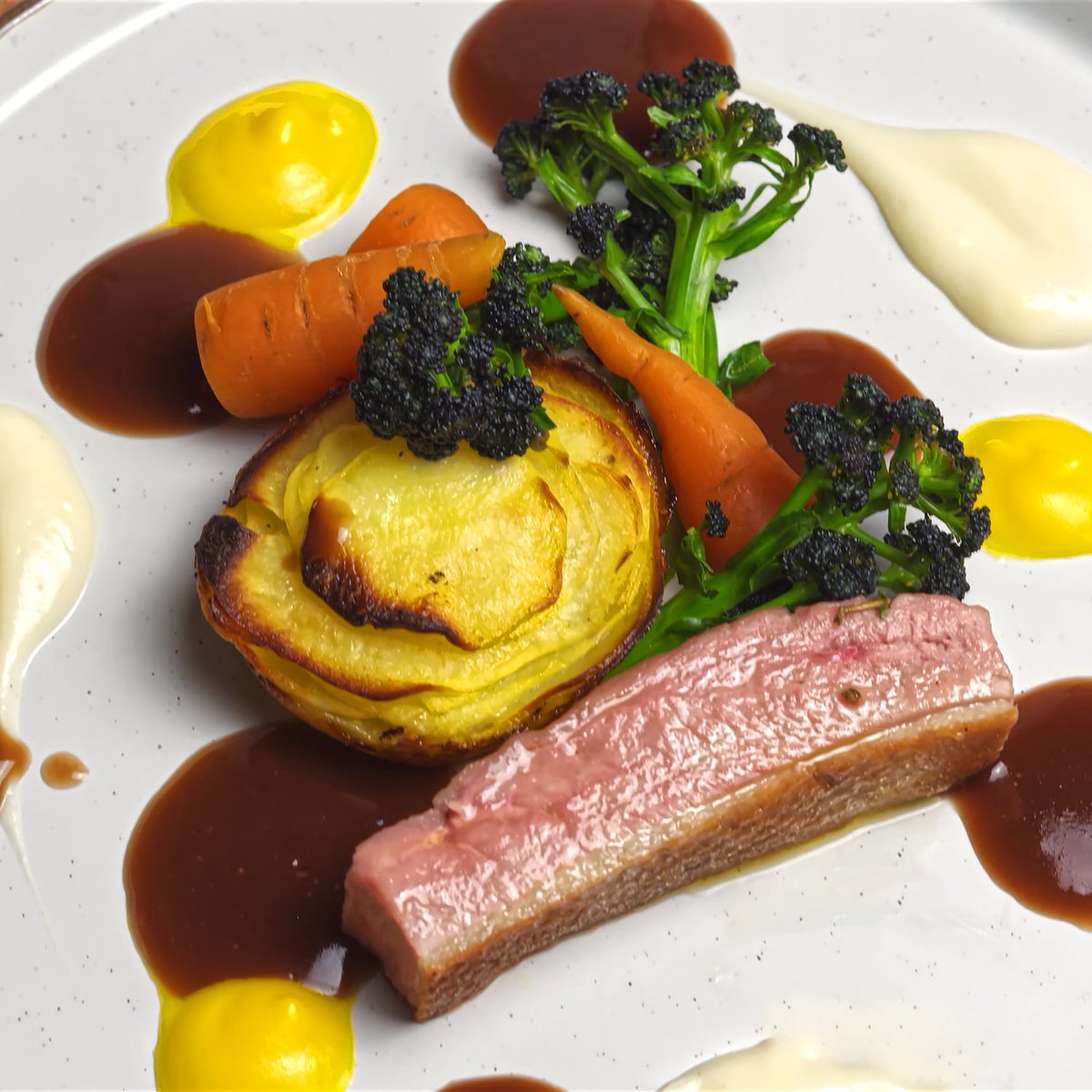 Duck breast, parmesan potatoes, butternut squash puree, celeriac puree and port jus! #cooking #foodfriday #Brighton