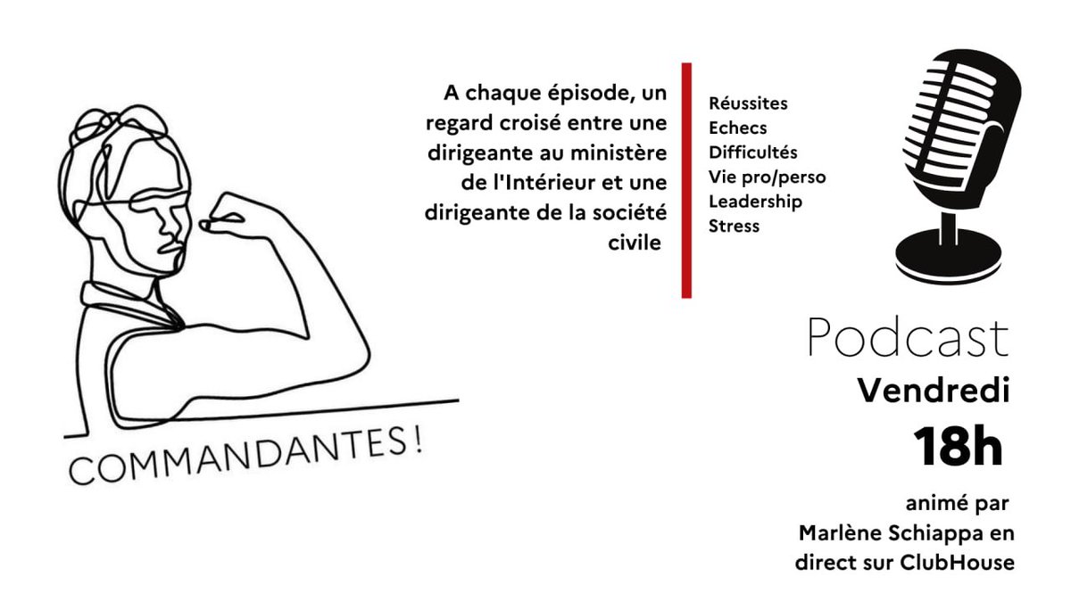 MarleneSchiappa's tweet photo. #Podcast | Rendez-vous à 18h ce soir en direct sur #Clubhouse pour le 1er épisode de #Commandantes !
🎙 Venez à la rencontre de femmes leaders de @Interieur_Gouv & de l’entreprise.
Aujourd’hui : @Cheydema Présidente @SchneiderElecFR & Camille Chaize @PorteParoleMI https://t.co/IMQzw4AlVn