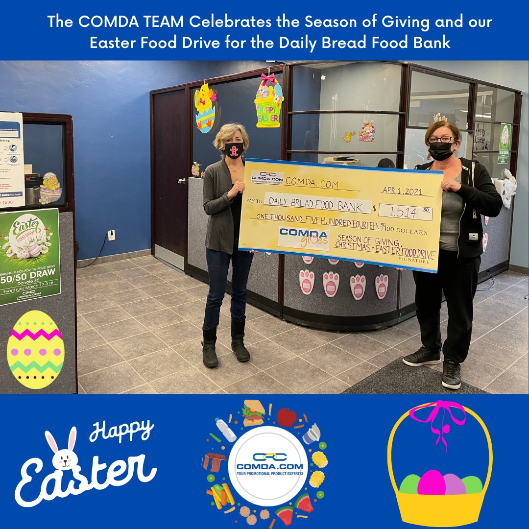 ComdaPromo's tweet photo. #COMDAGIVES gave back over $1500.00 for the @DailyBreadTO our #SeasonofGiving and #Easter #Food Drive. Thanks Team COMDA and our friends @GooseDigital
.
#HappyEaster #comdacares #GooseGivesBack #WeAreDailyBread #ForwardTogether #fighthunger #community https://t.co/ZfMw3WImpN
