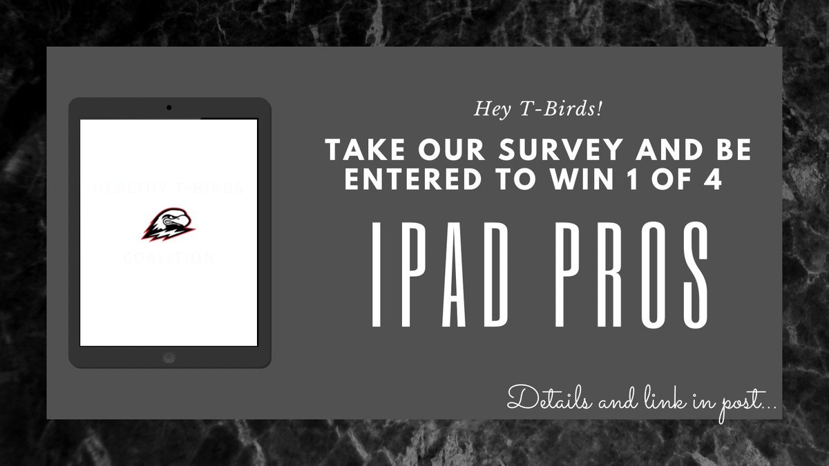 HealthyTbirdsCo's tweet photo. Did you know that when you take our survey you are entered to win 1 of 4 iPads?! Well, now that you know... take the survey to enter and then tag another T-Bird so they can enter too!

Survey:
https://t.co/Dd4ju6VxlY https://t.co/6OmKyQ80Id