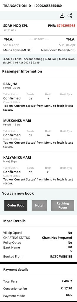 @drmmalda @EasternRailway Sir My Pnr No.is 6749295955. TRAIN NO.-03141 Tomorrow is my journey from Maldatown To New Coochehar. But this pnr seat no.are  have different birth. My  seat no. Are D2-9,10 and 42.Plzz GIVE me all seat in near bitrh.