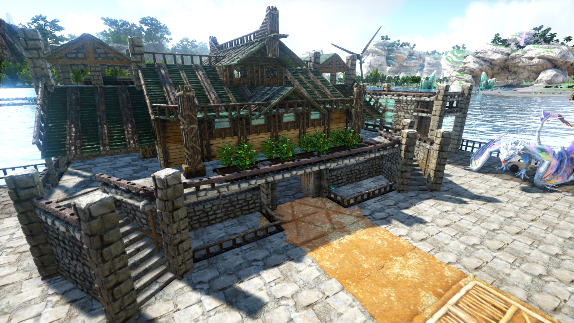 Tabbit Ark Pve Pc版公式アイルズ拠点が完成したのでご紹介 今回は序盤でも集めやすい木と石の建材をメインに 3人で住めるかわいい水上アパートを作りました 一階は石造りの工房で二階は木造のアパート 卵孵化施設やキブル用の卵取り施設もある