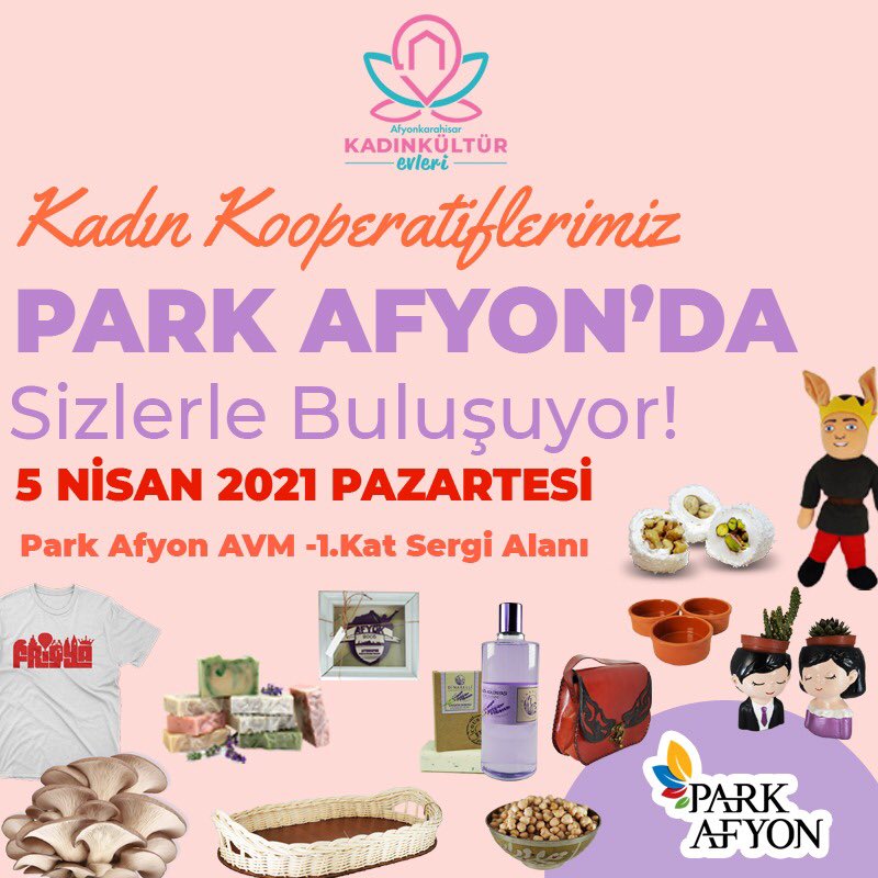 Kadın Kooperatiflerimiz Park Afyon’da sizlerle buluşuyor! 5 Nisan 2021 Pazartesi, Park Afyon AVM -1. Kat sergi alanına sizleri bekliyoruz.

#ParkAfyon #Afyonkarahisar #KadınKooperatifleri
