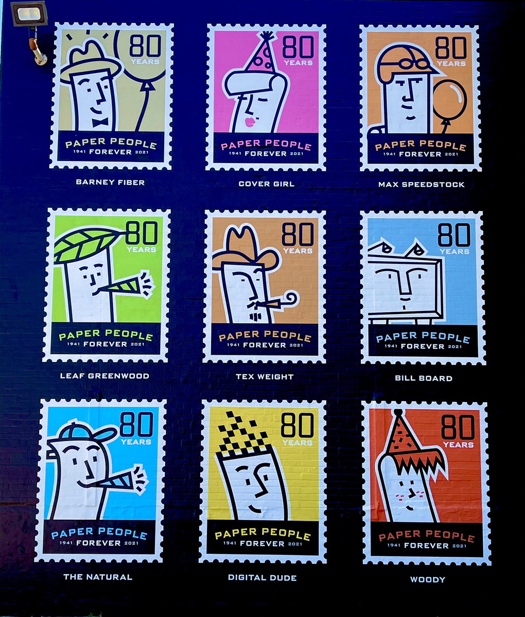 MooseHider's tweet photo. “Paper People Forever”on Forever Stamps on our building! This was just installed at our Dallas Headquarters on a product we carry-Alumigraphics Smooth. It looks like it’s painted on the wall! Call us for info on that product or just call us to celebrate 80 years of “PaperPeople”. https://t.co/oqc8RHg0YU