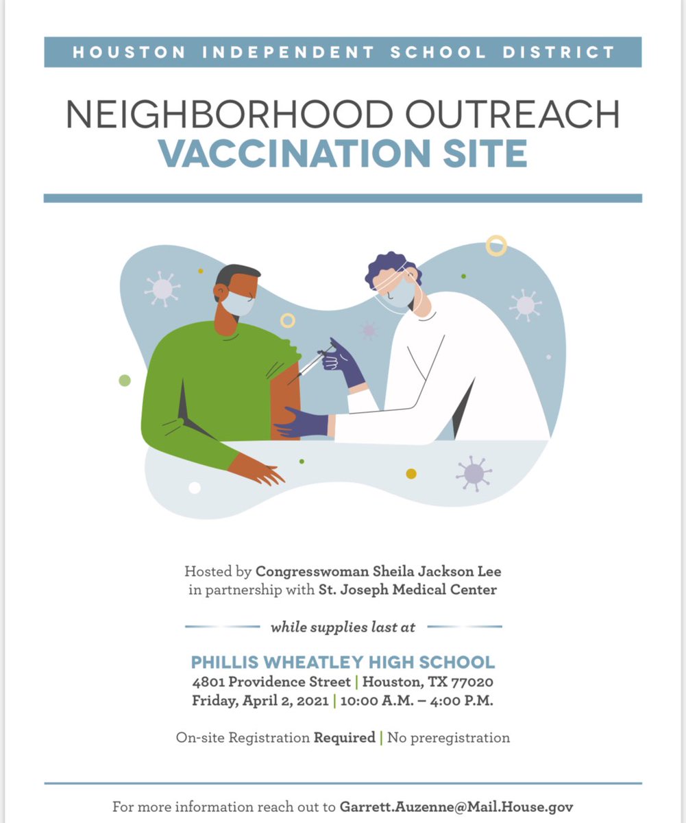 Phillis Wheatley High School (@welovewheatley) on Twitter photo Don’t forget COVID-19 vaccination opportunity today at 4801 Providence <a href="/WeLoveWheatley/">Phillis Wheatley High School</a>, hosted by <a href="/JacksonLeeTX18/">Sheila Jackson Lee</a> and <a href="/StJosephMedCtr/">St. Joseph Med Ctr</a>, while supplies last! Details below ⬇️⬇️ Don’t forget COVID-19 vaccination opportunity today at 4801 Providence <a href="/WeLoveWheatley/">Phillis Wheatley High School</a>, hosted by <a href="/JacksonLeeTX18/">Sheila Jackson Lee</a> and <a href="/StJosephMedCtr/">St. Joseph Med Ctr</a>, while supplies last! Details below ⬇️⬇️
