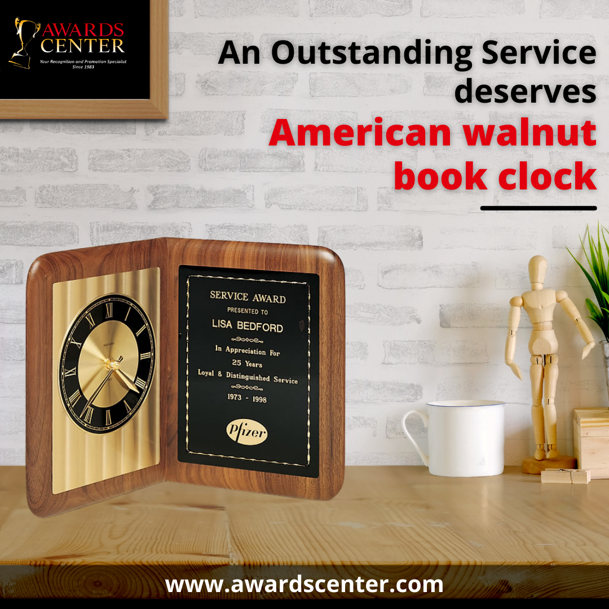 American Walnut book clock with Airflyte edge is the premium award comes with lifetime guaranteed quartz movement of the clock. You can check this beautiful award at bit.ly/3aTsp6D #bookclock #bookclocks #awards #clocks #clocksoftheworld #awardsforsale #award #clockaward