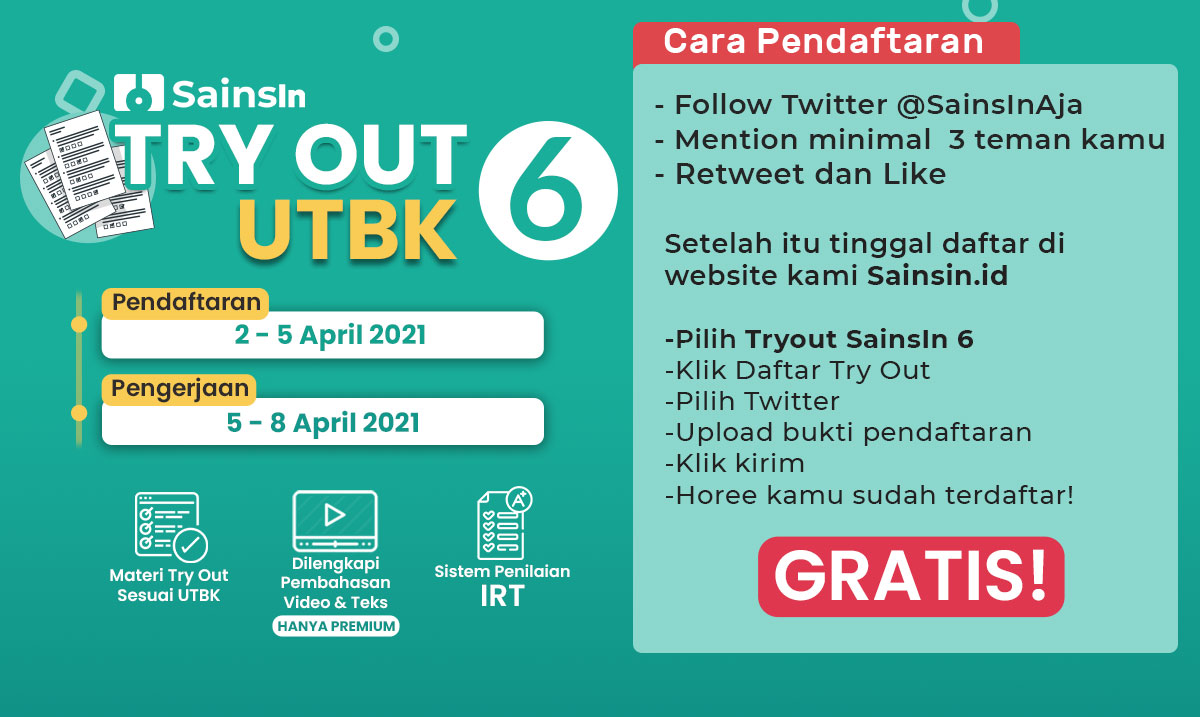 sainsinaja's tweet photo. Tryout UTBK 6 SainsIn TKA + TPS DIBUKA GRATIS🔥

(SAINTEK dan SOSHUM)

✅Pembahasan Video &amp; Teks (Hanya Premium)
✅Penilaian IRT &amp; Ranking

Cara Pendaftaran GRATIS:
1. Follow Twitter 
@sainsinaja
2. Mention minimal 3 teman kamu 
3. RT dan Like
4. Buka https://t.co/FBJk4XcaMY https://t.co/L1t9yNtukA