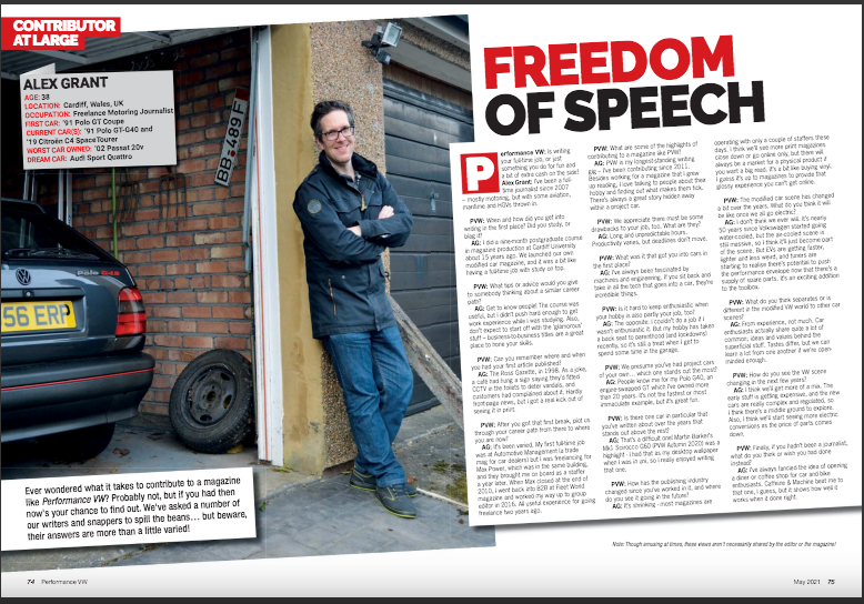 Alex Grant (@alexgrantuk) on Twitter photo Growing up reading <a href="/pvw_mag/">Performance VW Mag</a>, I didn't imagine that I'd get a little feature about me, or that it would happen to land on my 38th birthday. Perhaps the most complicated selfie I've ever taken - with some thoughts on journalism, modding EVs, and the value of finding common ground. Growing up reading <a href="/pvw_mag/">Performance VW Mag</a>, I didn't imagine that I'd get a little feature about me, or that it would happen to land on my 38th birthday. Perhaps the most complicated selfie I've ever taken - with some thoughts on journalism, modding EVs, and the value of finding common ground.