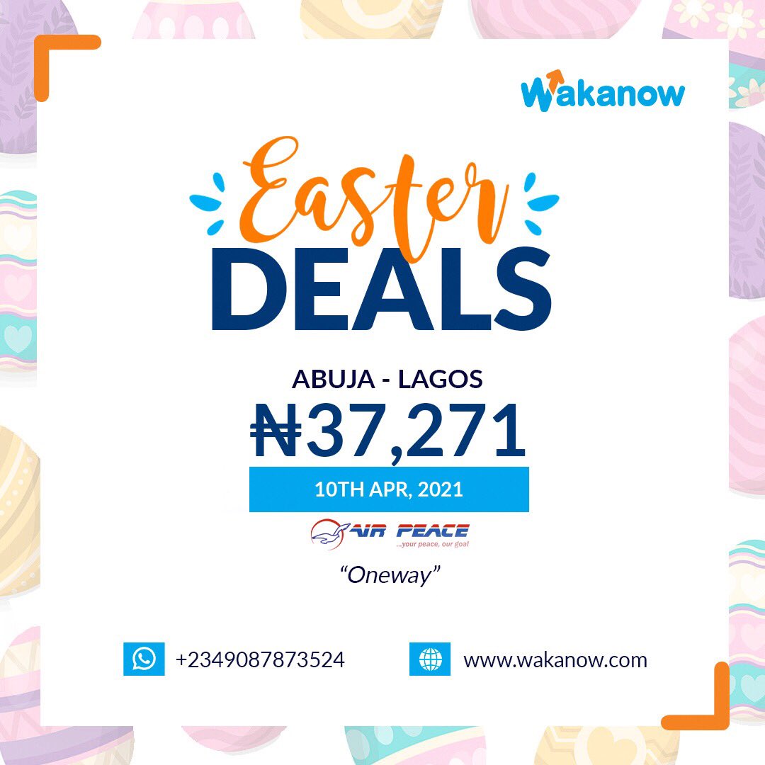 Wakanowdotcom's tweet photo. Here are fantastic flight deals from us to enable you spend #Easter with family & friends outside your city.
Hurry to https://t.co/9mKdr9i4jJ or whatsapp us on 09087873524 now to book.
#wakanow #wakanowdotcom #easter #easterdeals #eastertrips #letsgo #wemove #travel #flight https://t.co/a46kfmxecX