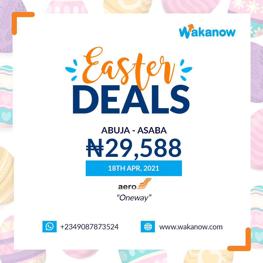 Wakanowdotcom's tweet photo. Here are fantastic flight deals from us to enable you spend #Easter with family & friends outside your city.
Hurry to https://t.co/9mKdr9i4jJ or whatsapp us on 09087873524 now to book.
#wakanow #wakanowdotcom #easter #easterdeals #eastertrips #letsgo #wemove #travel #flight https://t.co/a46kfmxecX