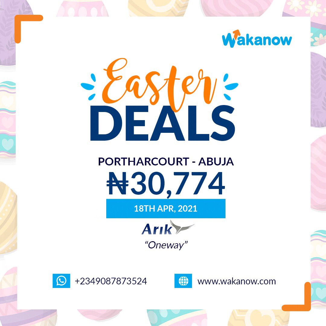 Wakanowdotcom's tweet photo. Here are fantastic flight deals from us to enable you spend #Easter with family & friends outside your city.
Hurry to https://t.co/9mKdr9i4jJ or whatsapp us on 09087873524 now to book.
#wakanow #wakanowdotcom #easter #easterdeals #eastertrips #letsgo #wemove #travel #flight https://t.co/a46kfmxecX