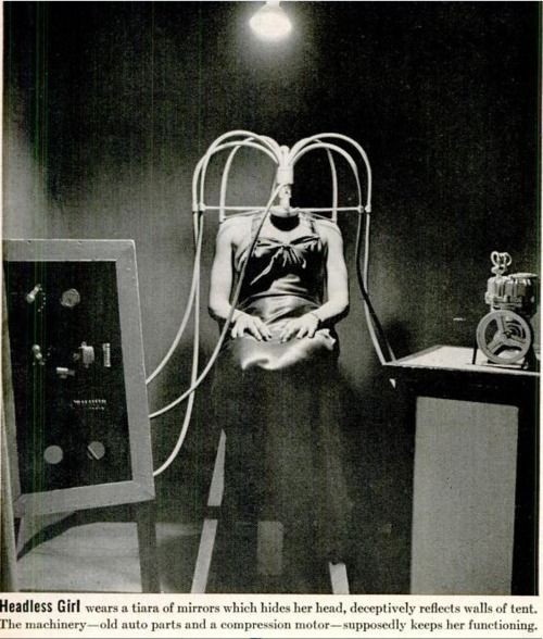 コニーアイランドの頭のない女 オルガヘス(olga hess)1937年頃にアメリカやヨーロッパの地域の見世物小屋で見ることができました。鏡で覆われたマスクを身に着け均一の色で覆われた立方体のステージの中央に座ると頭が見えなくなるという目の錯覚を利用した仕掛け。当時の見世物小屋は民衆の娯楽でした