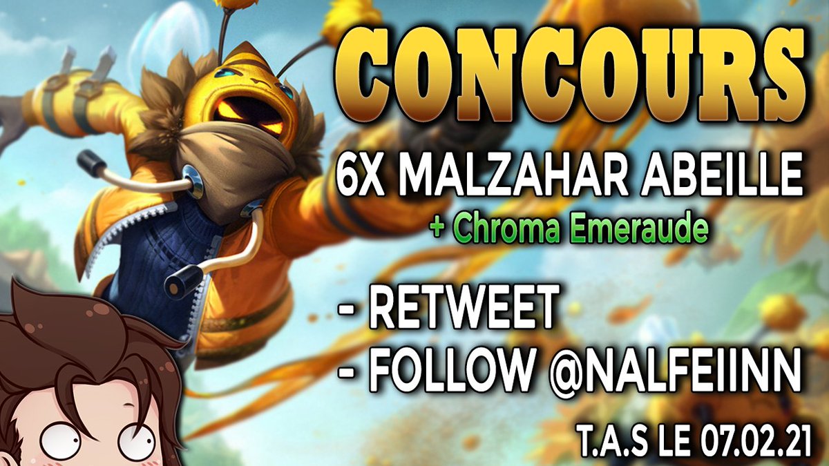 Nalfeiinn's tweet photo. Bonjour !❤️

En attendant la prochaine vidéo, le #RiotPartner me permet de vous faire gagner 6 skins Malzahar Abeille + un Chroma ! (EUW uniquement)
Pour participer :

- RT ce Tweet
- Follow @Nalfeiinn 
- Abonne-toi sur Youtube (Ça c'est pas obligé laul)

TAS le 07.04 !

GL ! 😁 https://t.co/iX44AqFYnY