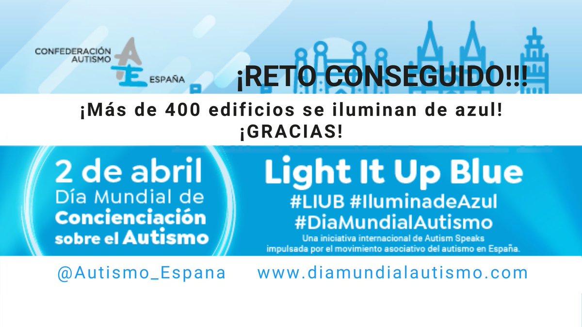 🔴¡Reto conseguido! Más de 400 edificios y monumentos de toda #España se iluminarán hoy de azul  en el #DiaMundialAutismo, como muestra de apoyo y solidaridad con las personas con #TEA y sus familias 💙. ¡Gracias a todos los que lo habéis hecho posible! autismo.org.es/actualidad/art…