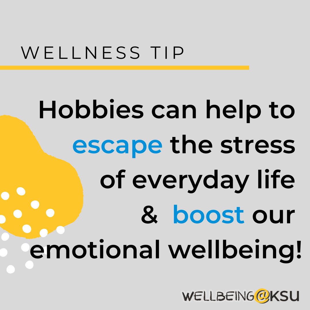 WellbeingatKSU's tweet photo. Exploring new hobbies or reviving some past interests can help us remain busy &amp; engaged. Finding activities that we enjoy helps us to escape the stress of everyday life &amp; improves our emotional wellbeing.  #wellbeingatksu #kennesawstateuniversity #mentalhealth #wellbeing #BORUSG https://t.co/gTQRLhSl7o