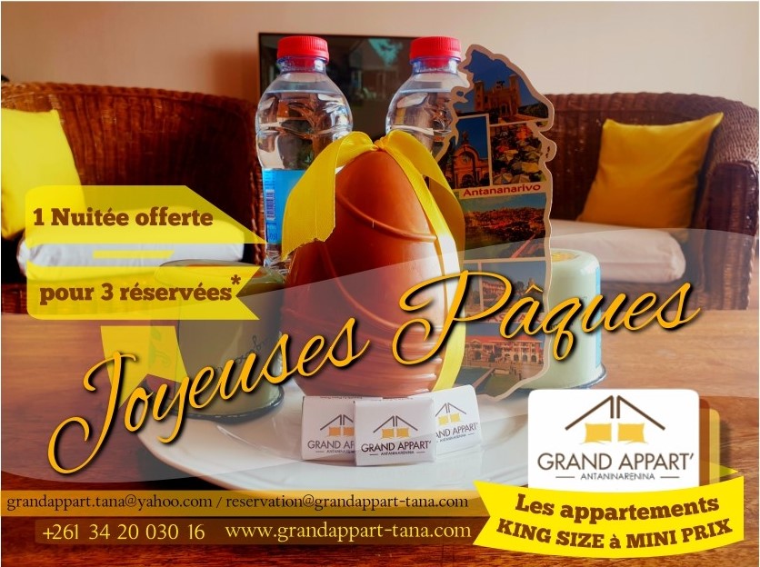 🏢🏢𝔾ℝ𝔸ℕ𝔻 𝔸ℙℙ𝔸ℝ𝕋'🏢🏢 
🏢🏢𝔸ℕ𝕋𝔸ℕ𝕀ℕ𝔸ℝ𝔼ℕ𝕀ℕ𝔸🏢🏢
Grand Appart’ vous propose une nuitée gratuite*
pour passer de belles fêtes de Pâques 
Réservez maintenant...