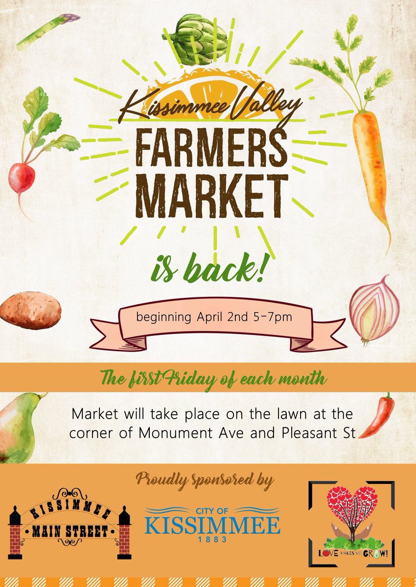 The Kissimmee Valley Farmers Market is back! 🌾 Presented by <a href="/KissimmeeMainSt/">Kissimmee Main St</a> and <a href="/LoveMakesMeGrow/">LoveMakesMeGrowinc</a>. #RideSunRail to the Kissimmee Station and take a 6 minute walk to join us in Historic Downtown Kissimmee the first Friday of each month. Starting at 5PM!