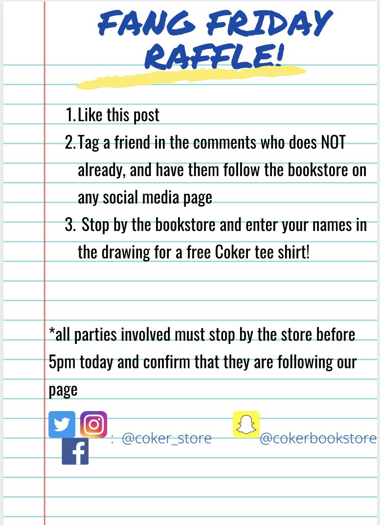 Cobras, it is Friday and you already know the deal, but today we are switching it up a bit! For a chance to win you must follow the steps below and drop into the bookstore!

#cokeruniversitystore
bookstore.coker.edu/Home