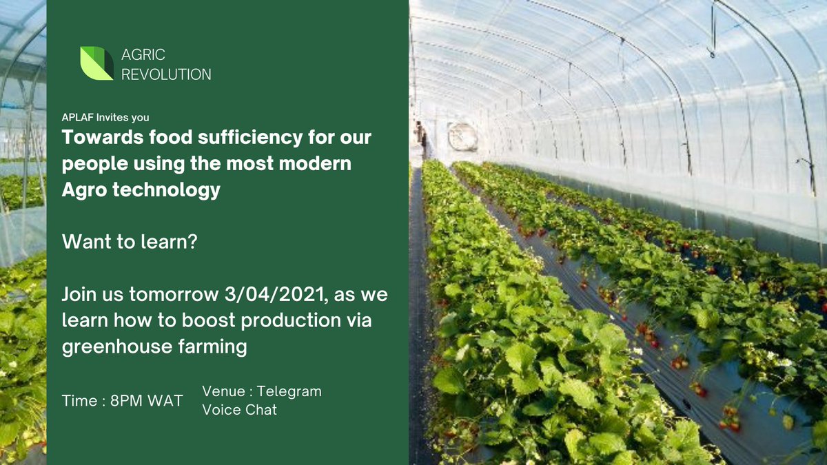 UchePOkoye's tweet photo. AGRIC REVOLUTION
APLAF Invites you
Towards food sufficiency for our people using the most modern Agro technology
Want to learn?
Join us tomorrow 3/04/2021, as we learn how to boost production via greenhouse farming.
Venue : Telegram Voice Chat
Time : 8PM WAT
#APLAF #Teta https://t.co/ju6Fu6KiPM