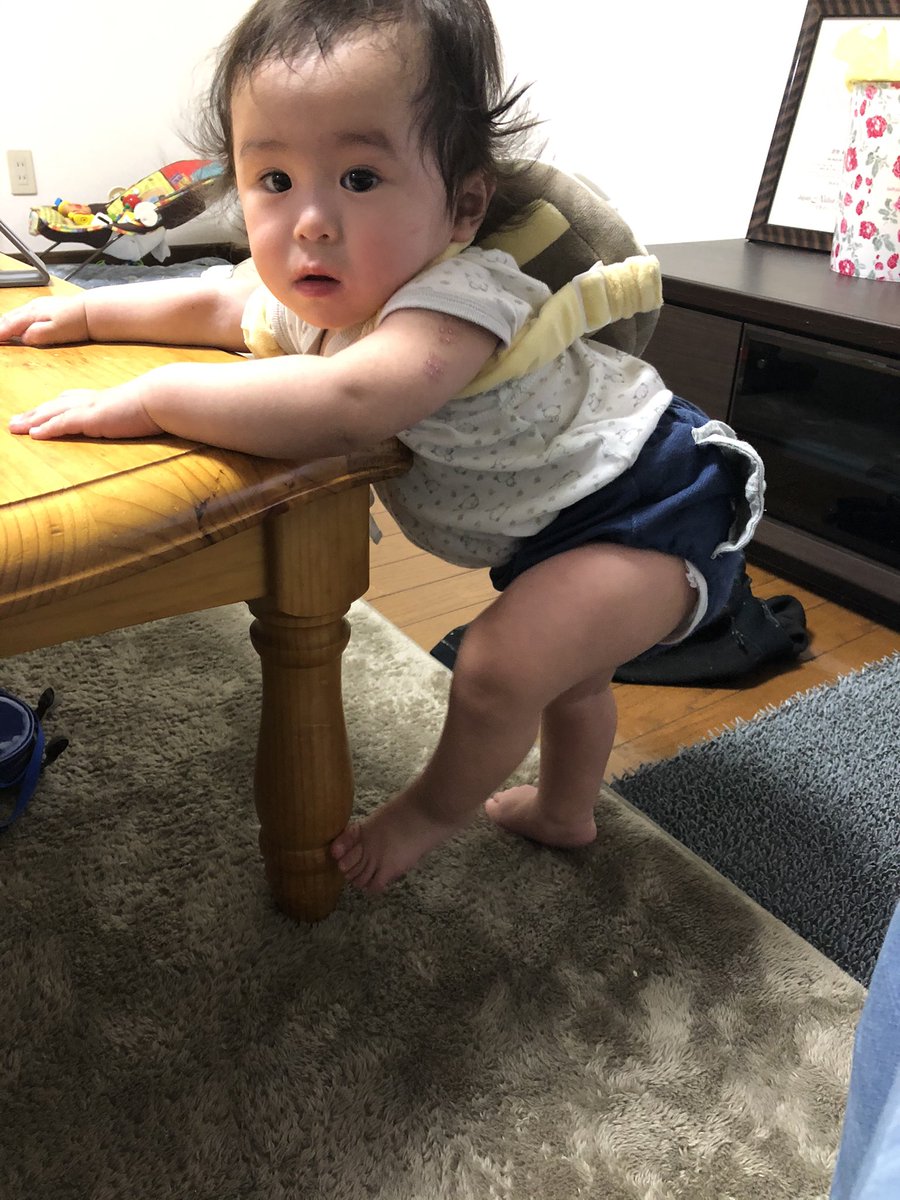 ぶた ゆい うちの子つかまり立ちのクセ 遠いし 片足には早すぎるし何その顔 つかまり立ち低いしがに股