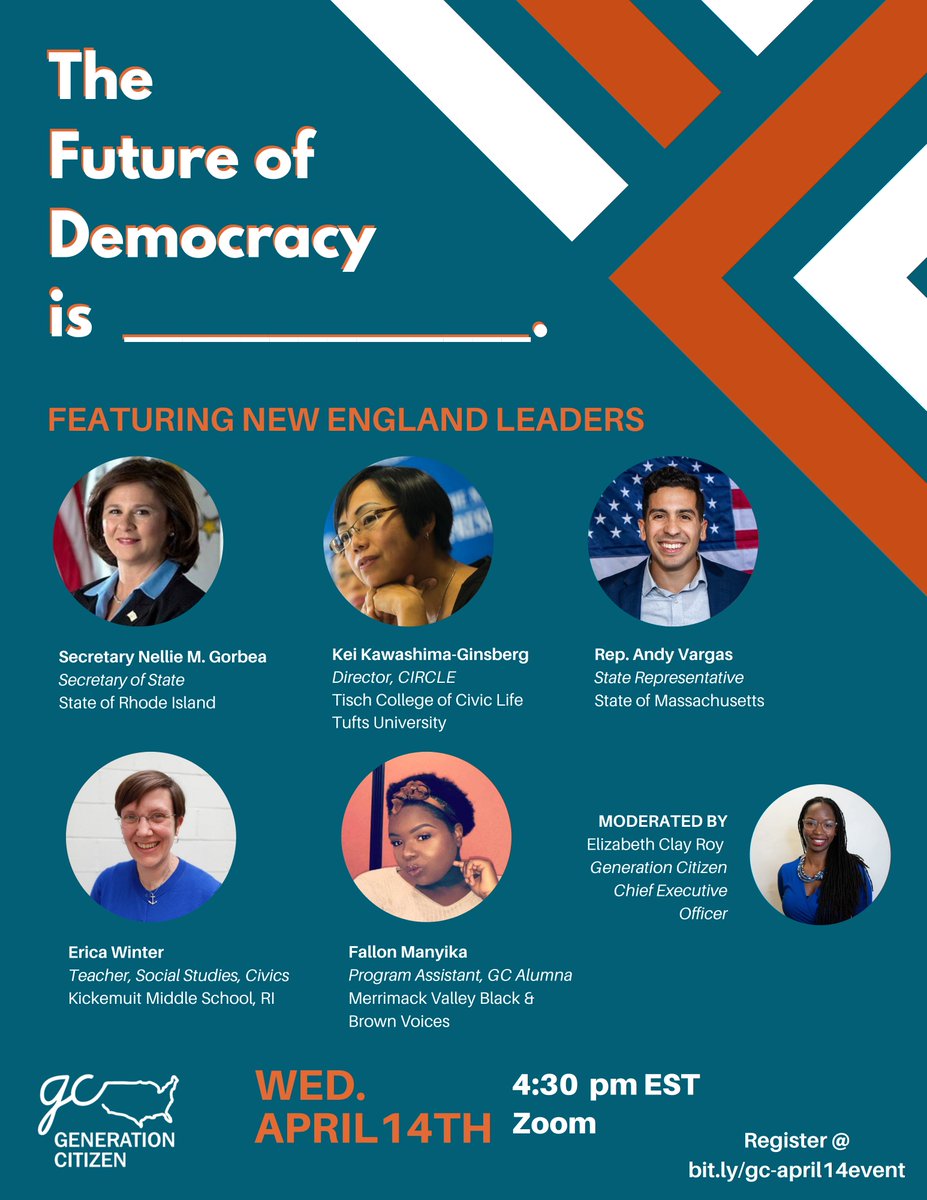ariellej72's tweet image. Join @gencitizen New England for “The Future of Democracy is...” on Wednesday, April 14th @ 4:30.  A panel of civic leaders, moderated by new GC CEO @lizclayroy, will consider how we can strengthen our democracy &amp;amp; inspire civic action across New England. bit.ly/gc-april14event